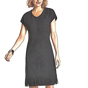 Black Chicos faux suede sleeveless dress with fringe detail along the hem. Med